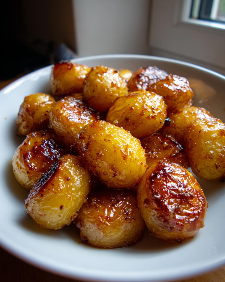 Close-up of glossy, caramelized Maple Mustard Roasted Potatoes piled high in a white bowl.