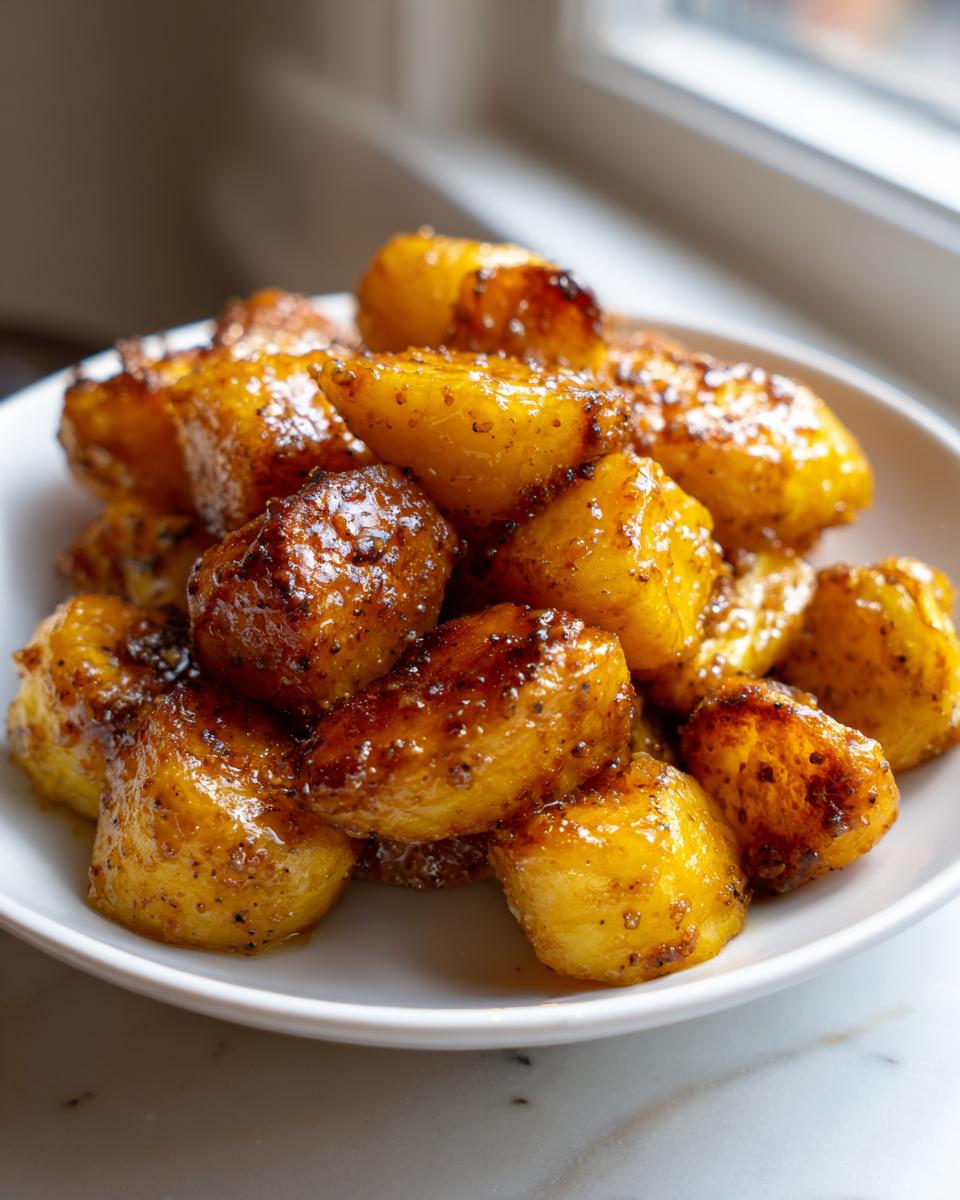 A close-up of golden, glazed Maple Mustard Roasted Potatoes piled high on a white plate.