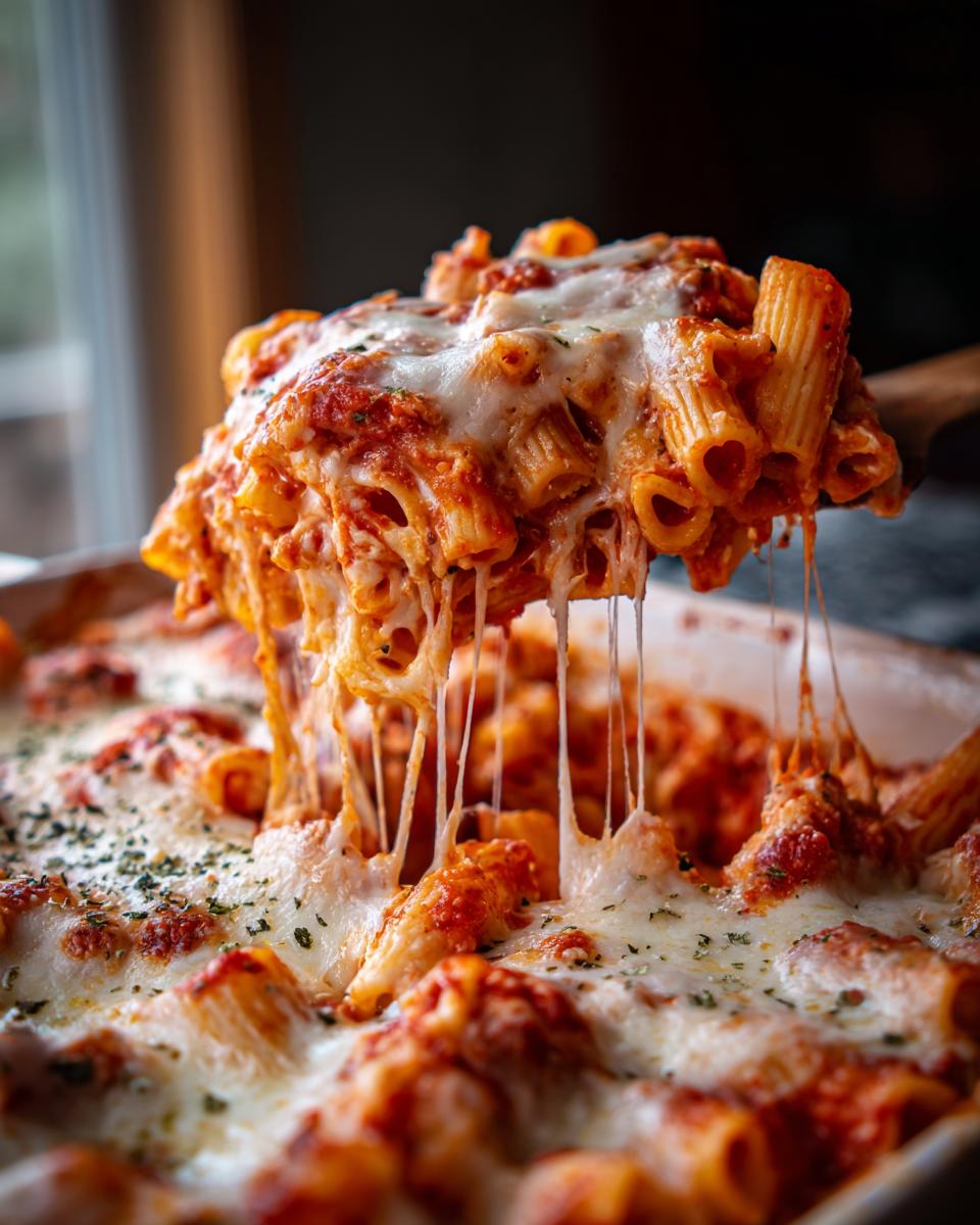 A serving spoon lifts a portion of Meatless Baked Ziti With Ricotta Mozzarella, showing long, dramatic cheese pulls.
