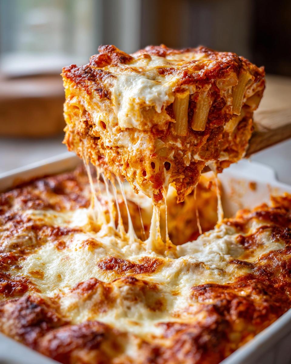A generous, cheesy slice of Meatless Baked Ziti With Ricotta Mozzarella being lifted from the baking dish, showing a dramatic cheese pull.