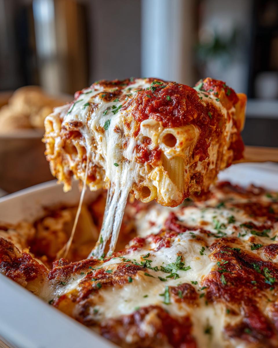 A serving of Meatless Baked Ziti With Ricotta Mozzarella being lifted, showing long, melted cheese pulls.