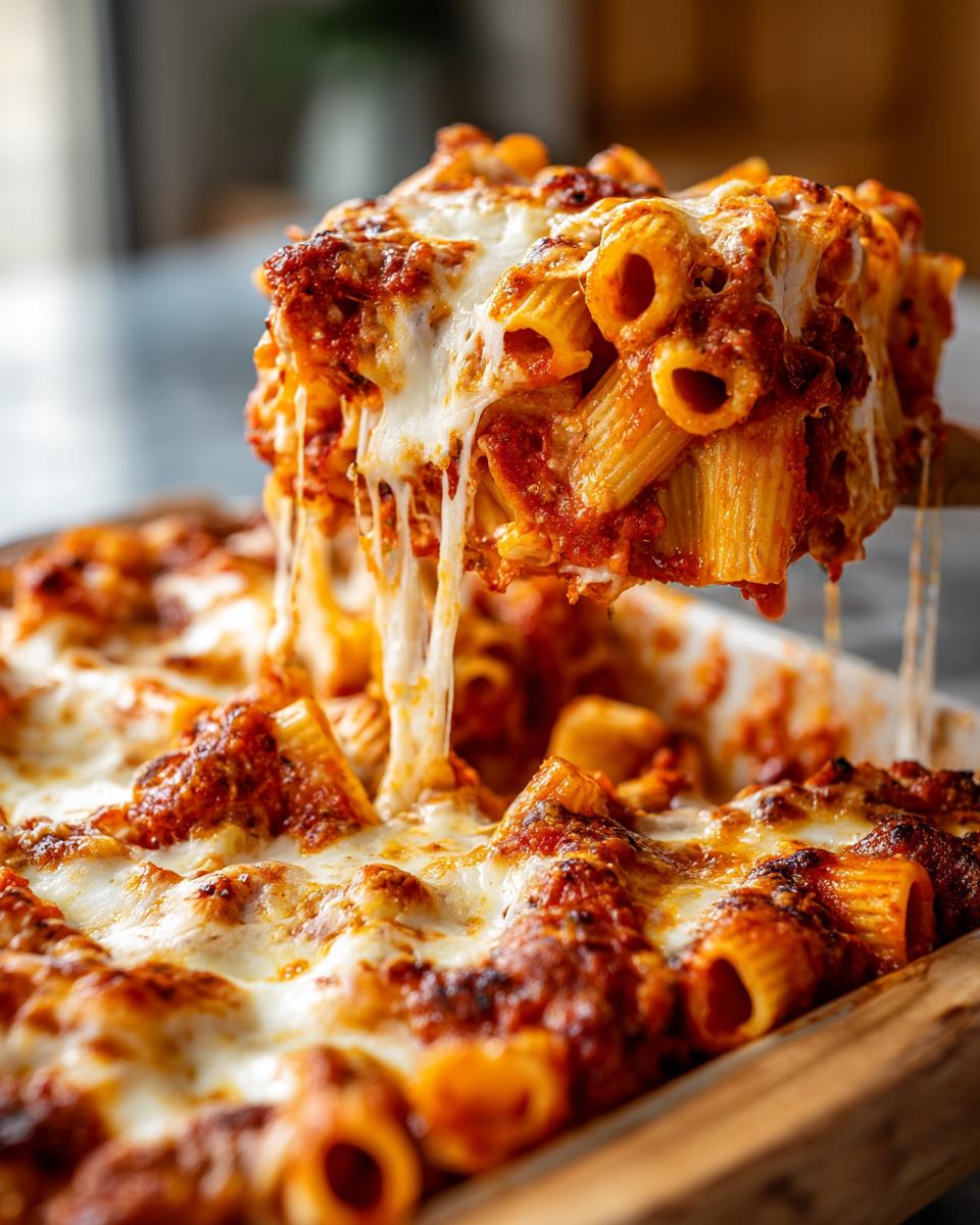 A serving spoon lifts a cheesy, saucy portion of Meatless Baked Ziti With Ricotta Mozzarella, showing long cheese pulls.