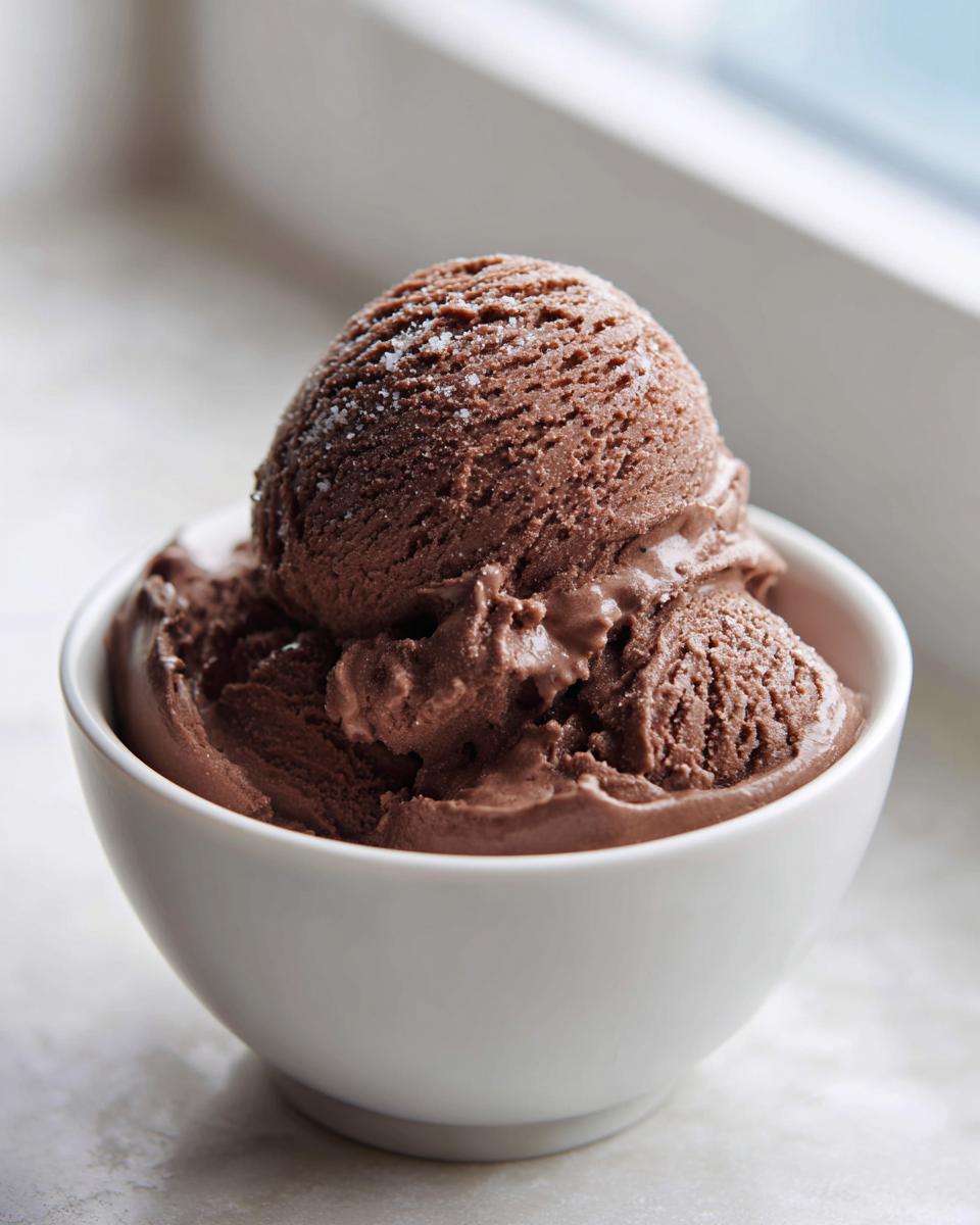 Close-up of rich, dark brown Mocha Latte Frozen Yogurt scooped into a white bowl, lightly dusted with sugar.