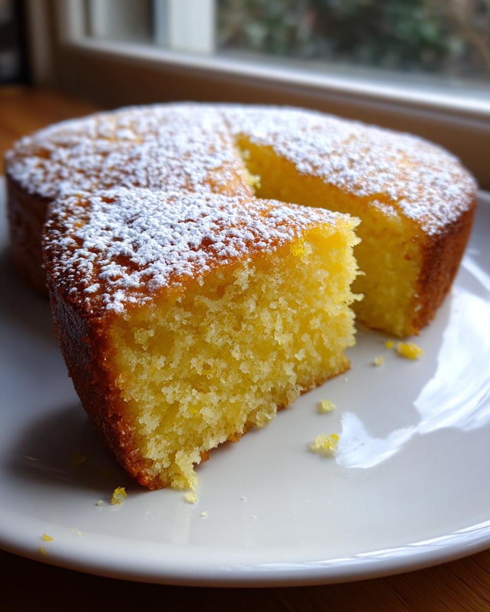 A slice cut from a moist Lemon Yogurt Cake dusted with powdered sugar, sitting on a white plate.
