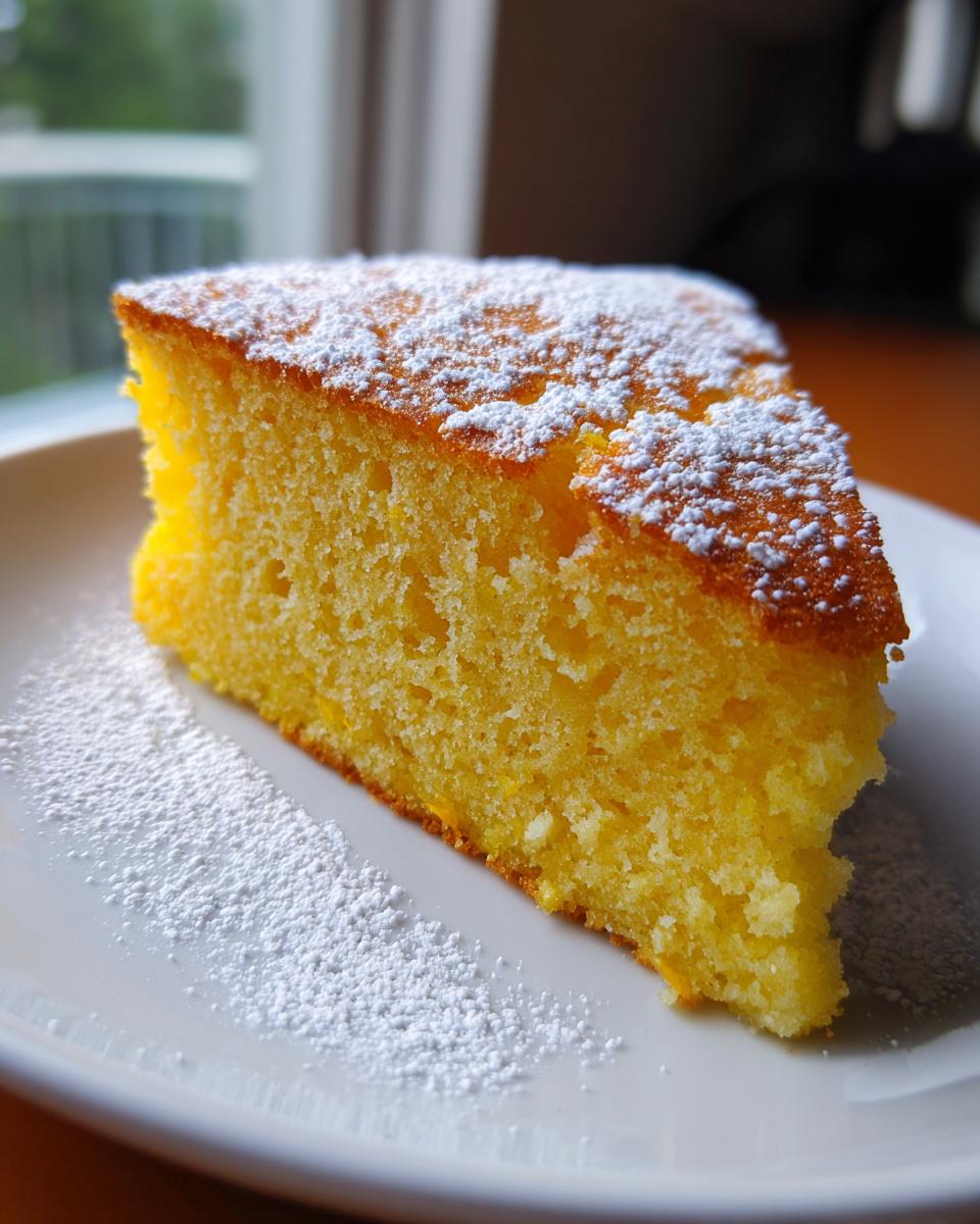 A close-up of a moist slice of bright yellow Lemon Yogurt Cake dusted with powdered sugar on a white plate.