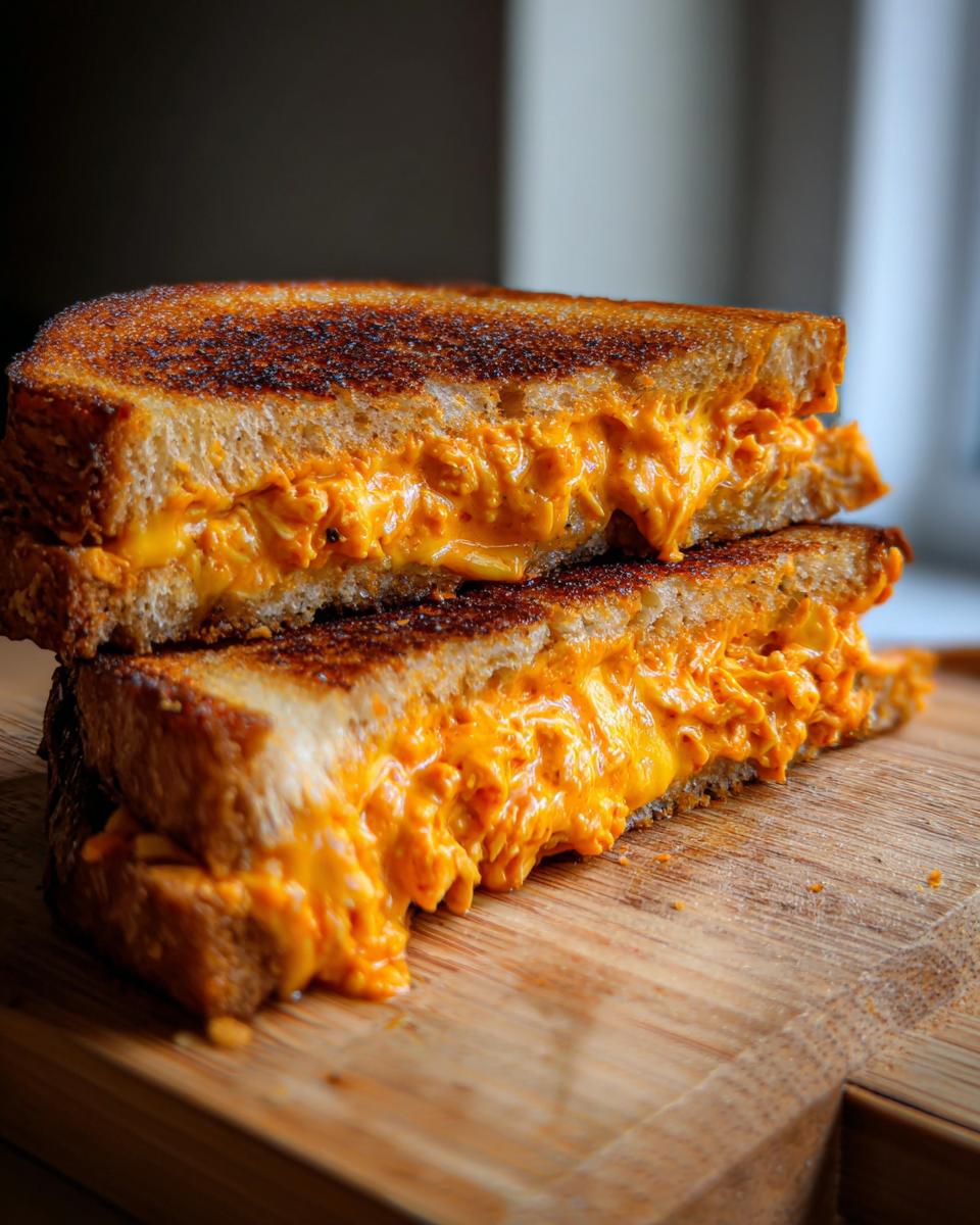 Two halves of My Favorite Buffalo Chicken Melt Sandwich stacked, showing gooey orange filling and toasted bread.