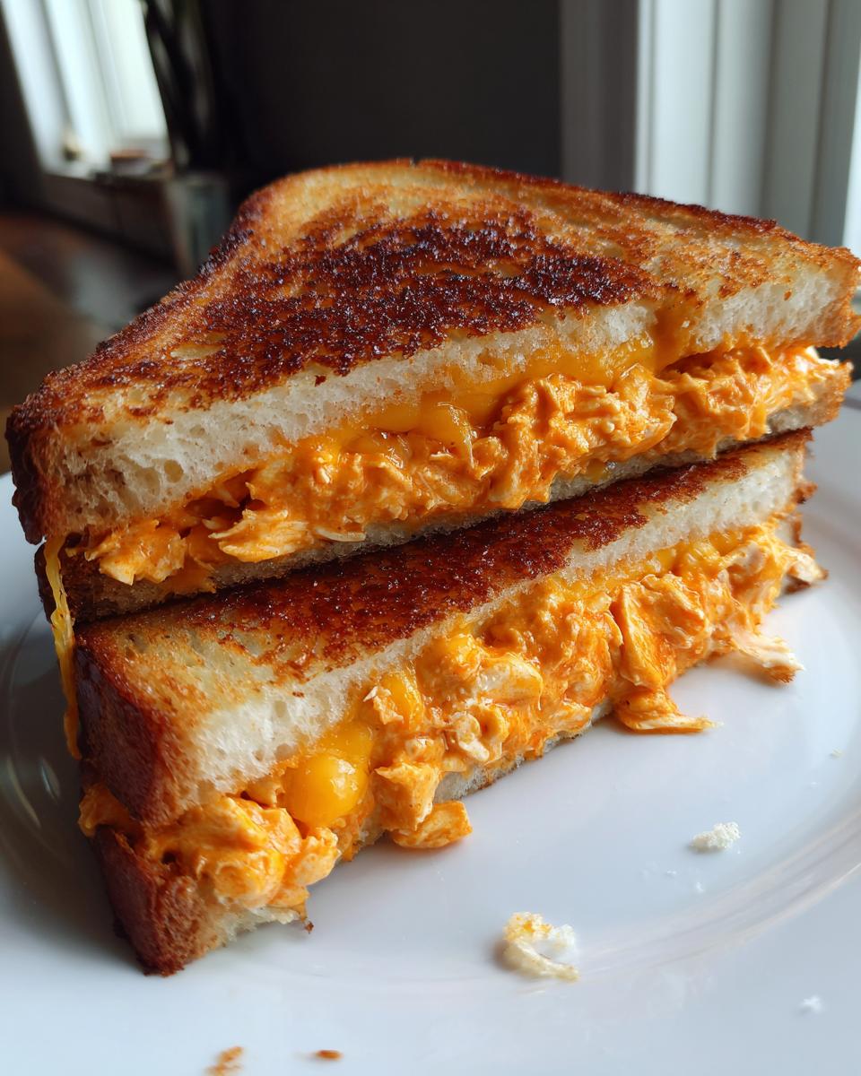 A close-up of My Favorite Buffalo Chicken Melt Sandwich cut in half, showing gooey orange buffalo chicken filling between toasted bread.