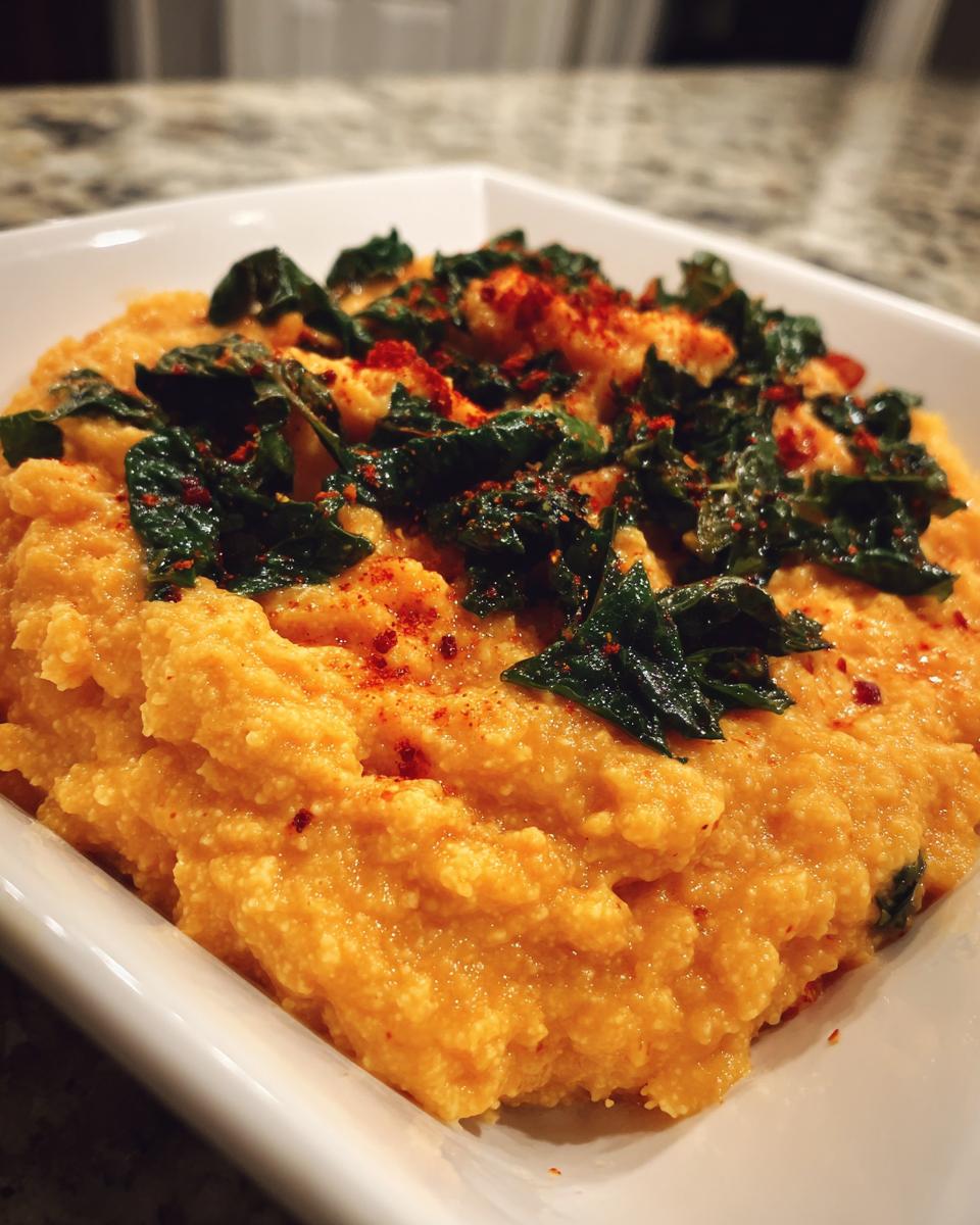Close-up of creamy, orange-hued Nashville Hot Cauliflower Kale Grits topped with dark green kale and red spice.