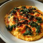 Close-up of creamy Nashville Hot Cauliflower Kale Grits topped with wilted kale and red spice oil.