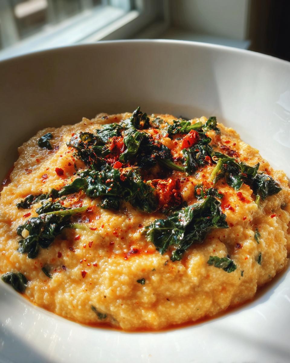 Close-up of creamy Nashville Hot Cauliflower Kale Grits topped with wilted kale and red pepper flakes.