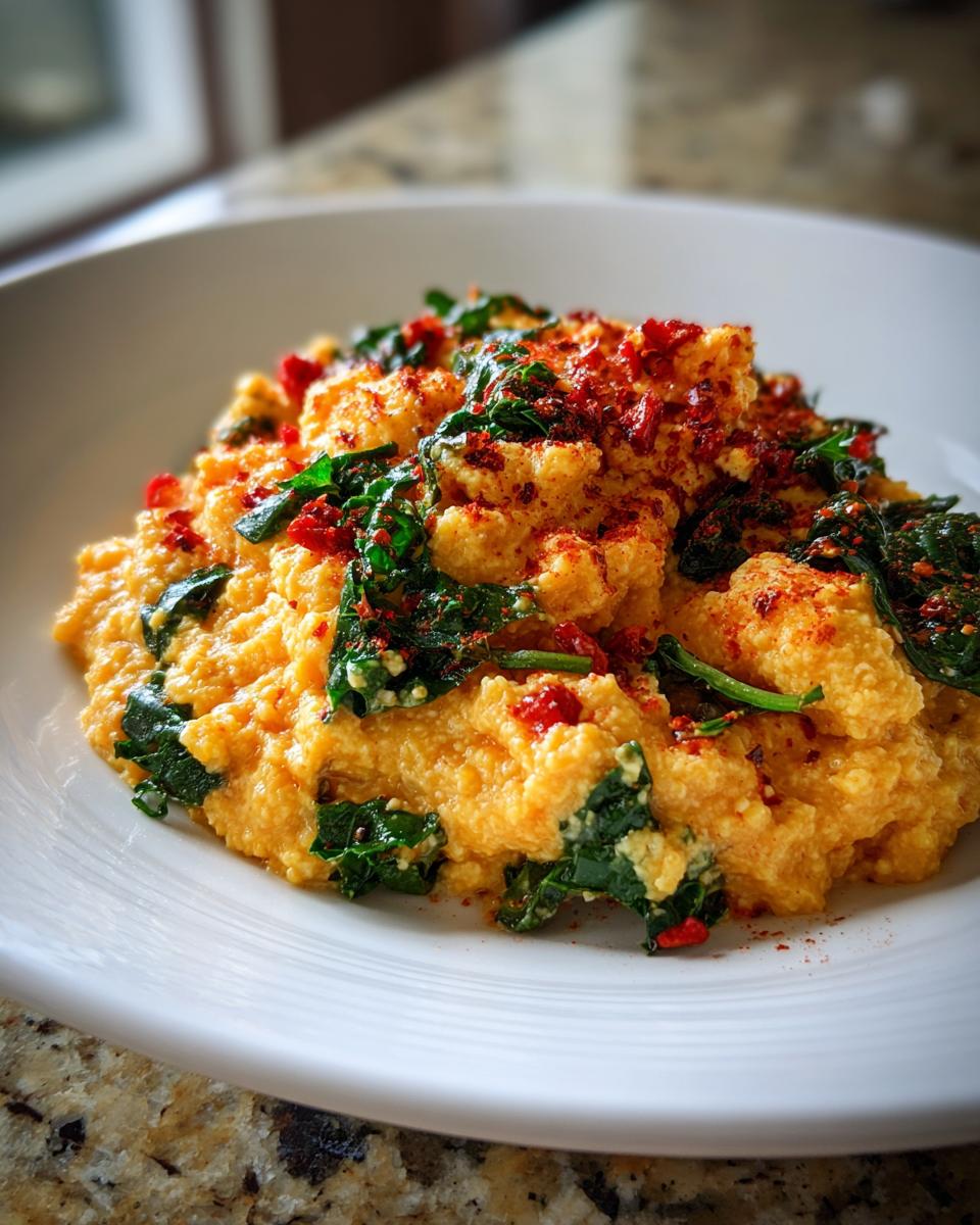 A close-up of creamy Nashville Hot Cauliflower Kale Grits topped with wilted kale and red spice blend.