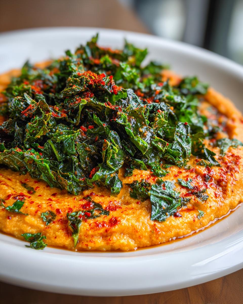 Close-up of creamy orange Nashville Hot Cauliflower Kale Grits topped with crispy kale and red spice.