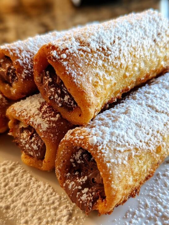 Close-up of four golden-brown Nutella French Toast Rollups dusted heavily with powdered sugar.