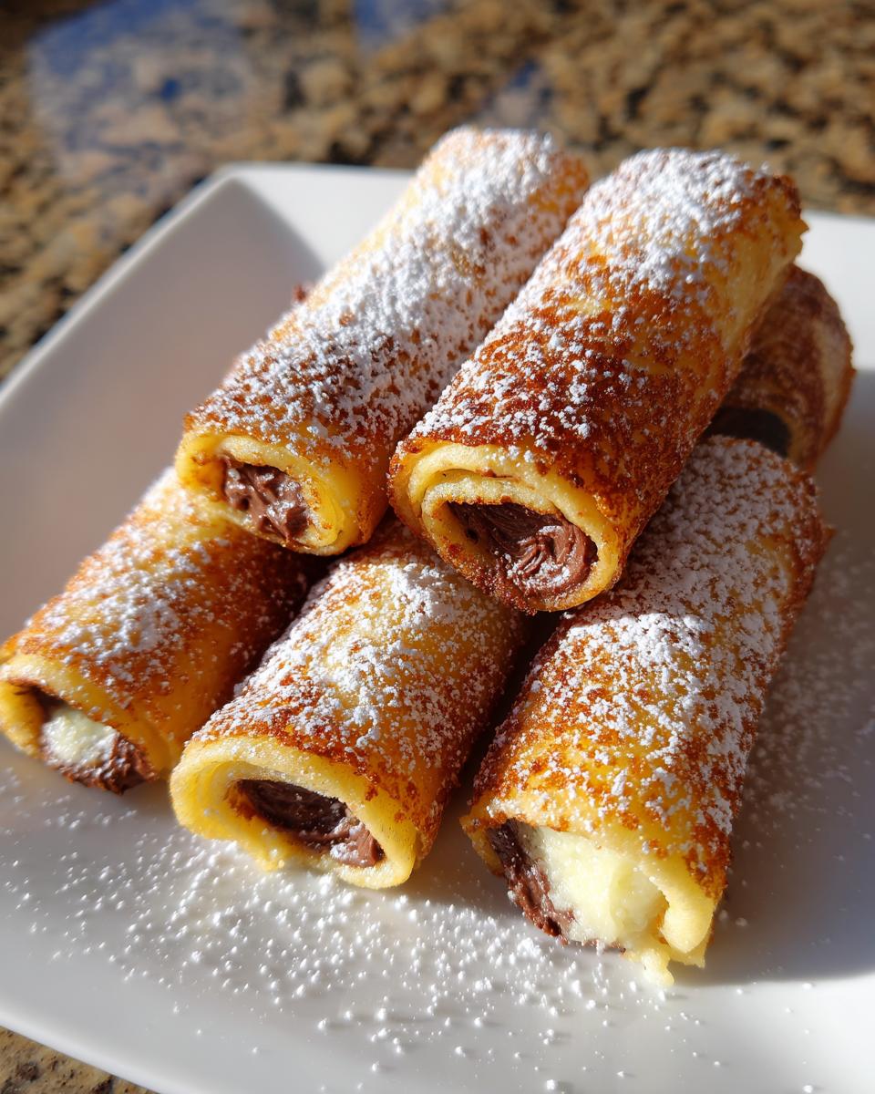 A stack of golden brown Nutella French Toast Rollups dusted heavily with powdered sugar.