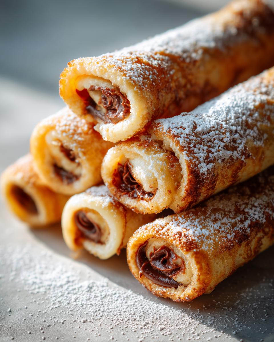 Close-up of stacked Nutella French Toast Rollups dusted generously with powdered sugar.