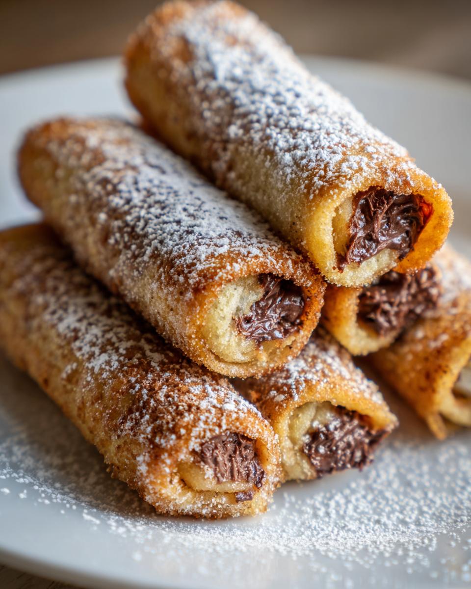 A stack of golden brown Nutella French Toast Rollups dusted generously with powdered sugar.
