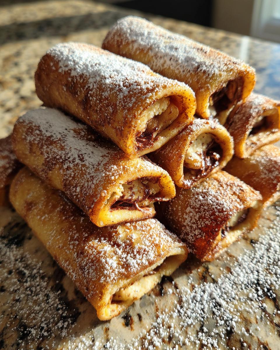 A stack of golden brown Nutella French Toast Rollups generously dusted with powdered sugar.