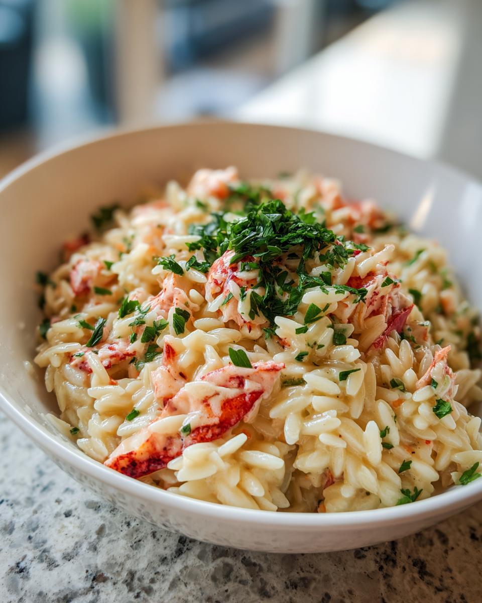 A close-up of a white bowl filled with One Pot Creamy Lobster Orzo, topped with fresh parsley.