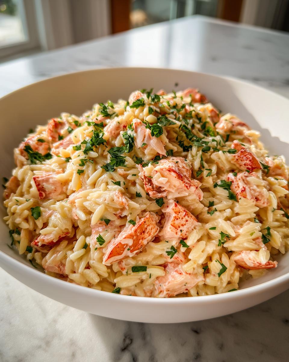 Close-up of a white bowl filled with One Pot Creamy Lobster Orzo, topped generously with chunks of lobster meat and fresh parsley.