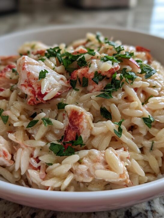 Close-up of a white bowl filled with One Pot Creamy Lobster Orzo topped with fresh parsley.
