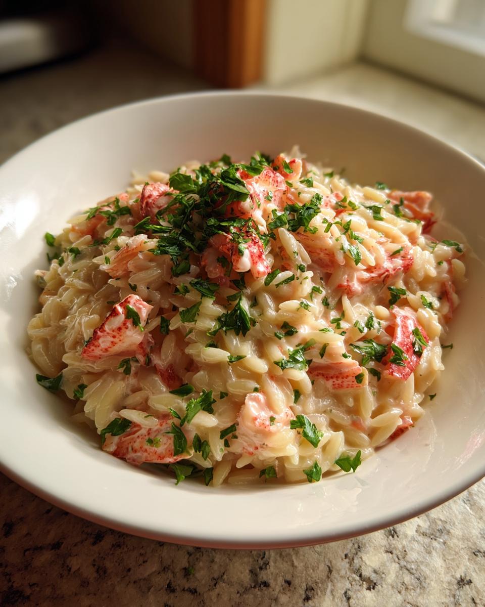 A close-up of a white bowl filled with One Pot Creamy Lobster Orzo, topped with fresh parsley.