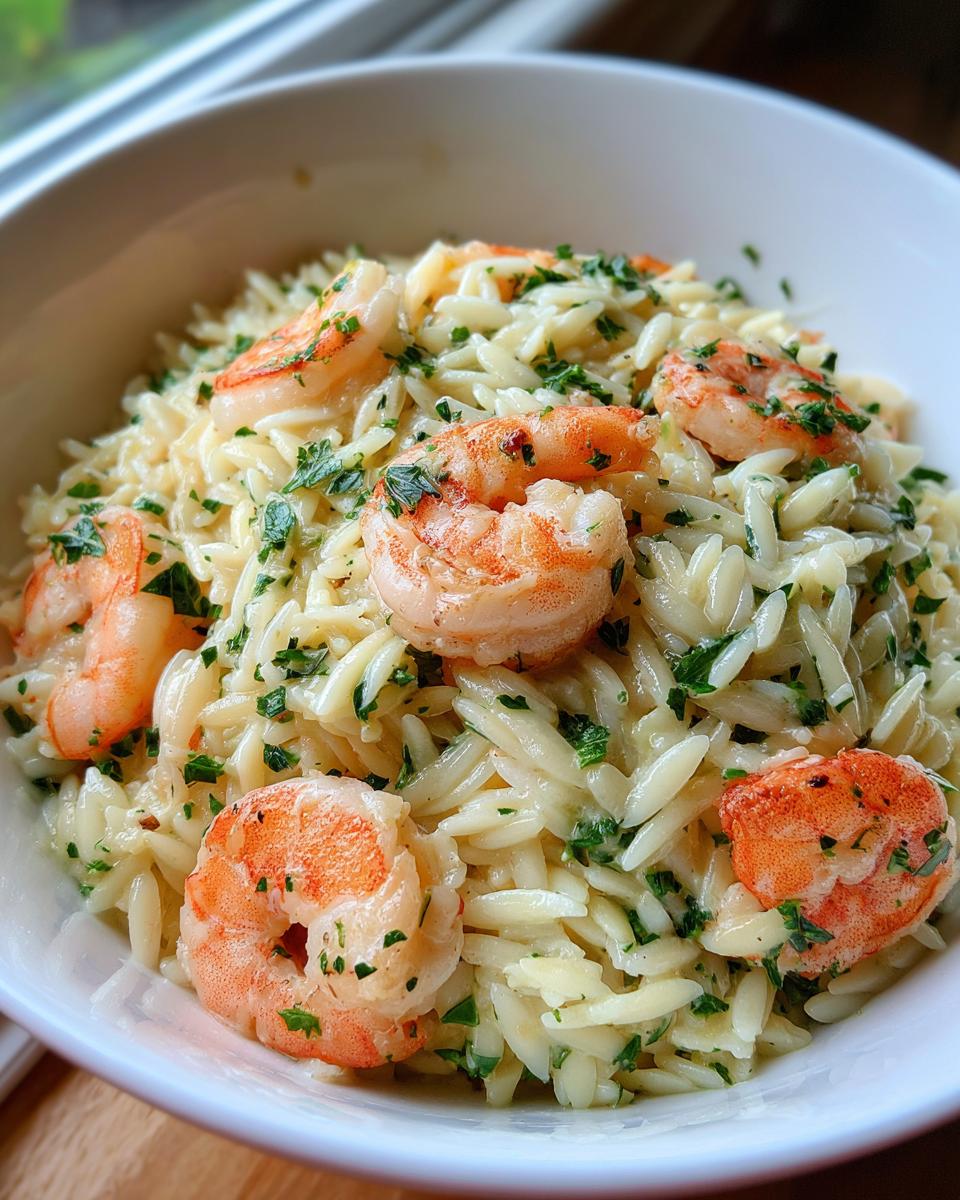 Close-up of a white bowl filled with creamy One Pot Shrimp Orzo, topped with bright pink shrimp and fresh parsley.