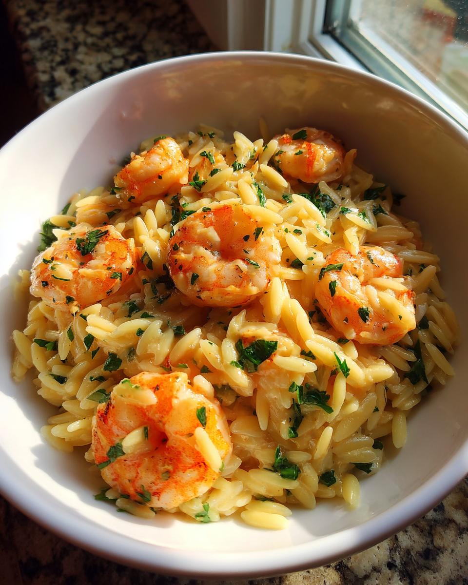 A close-up of creamy One Pot Shrimp Orzo topped with perfectly cooked shrimp and fresh parsley in a white bowl.