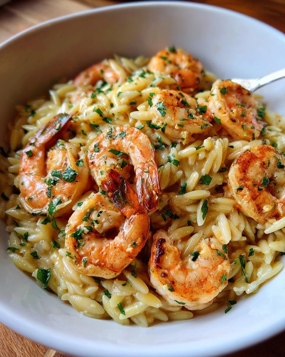 A close-up view of a creamy One Pot Shrimp Orzo dish topped with perfectly cooked shrimp and fresh parsley.