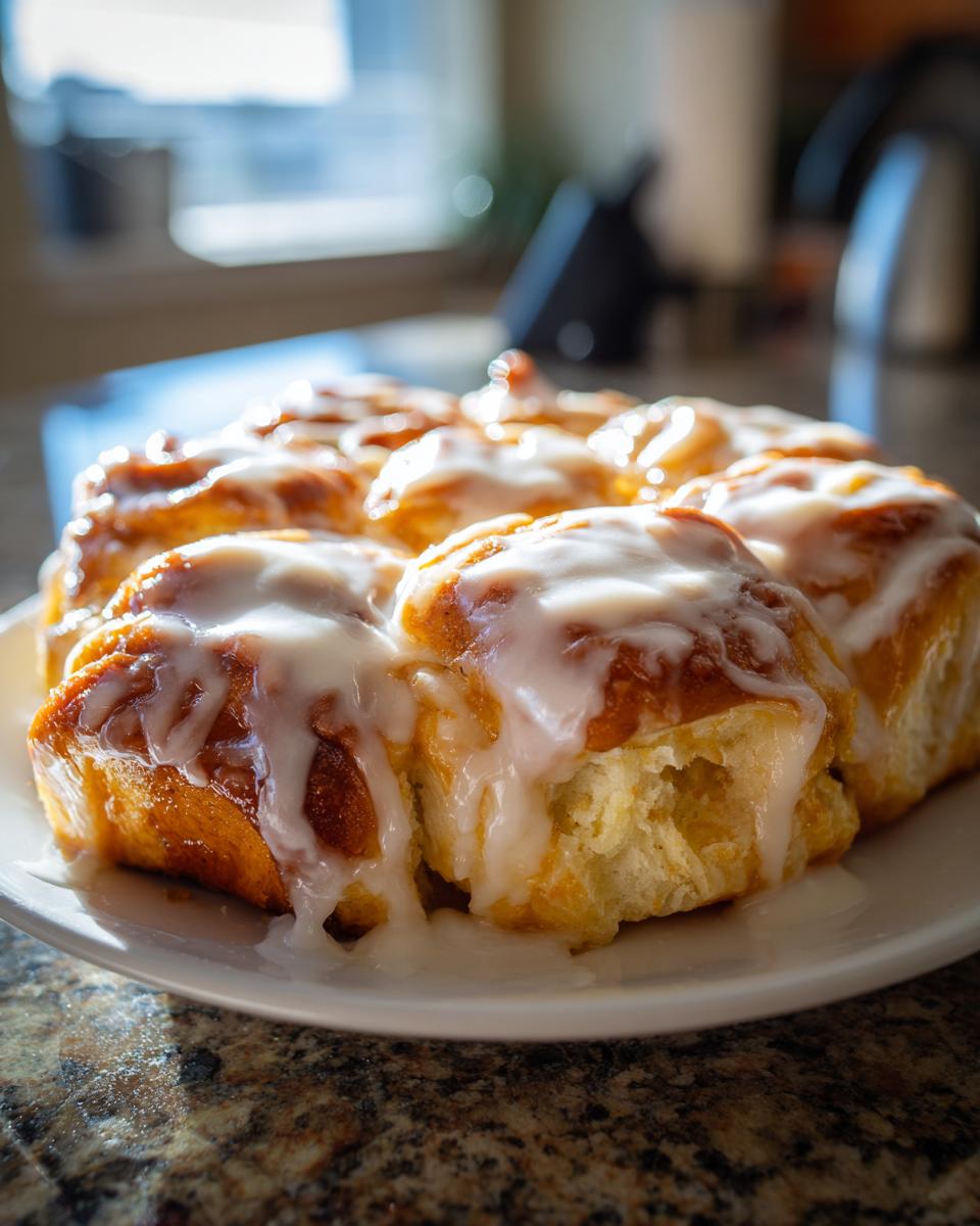 A close-up of freshly baked Orange Glazed Sweet Dinner Rolls covered in thick white icing, sitting on a white plate.
