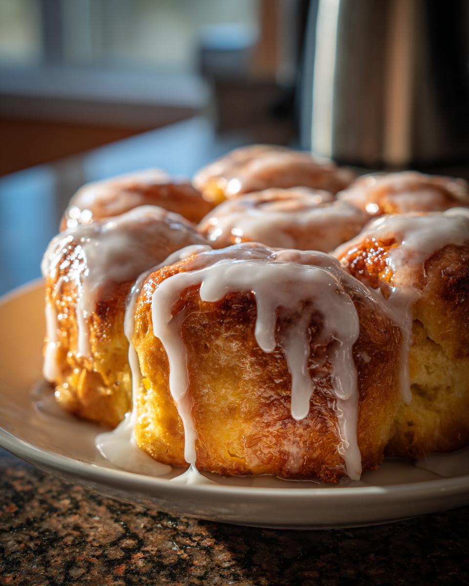 A close-up of freshly baked Orange Glazed Sweet Dinner Rolls covered in thick white icing, sitting on a light plate.