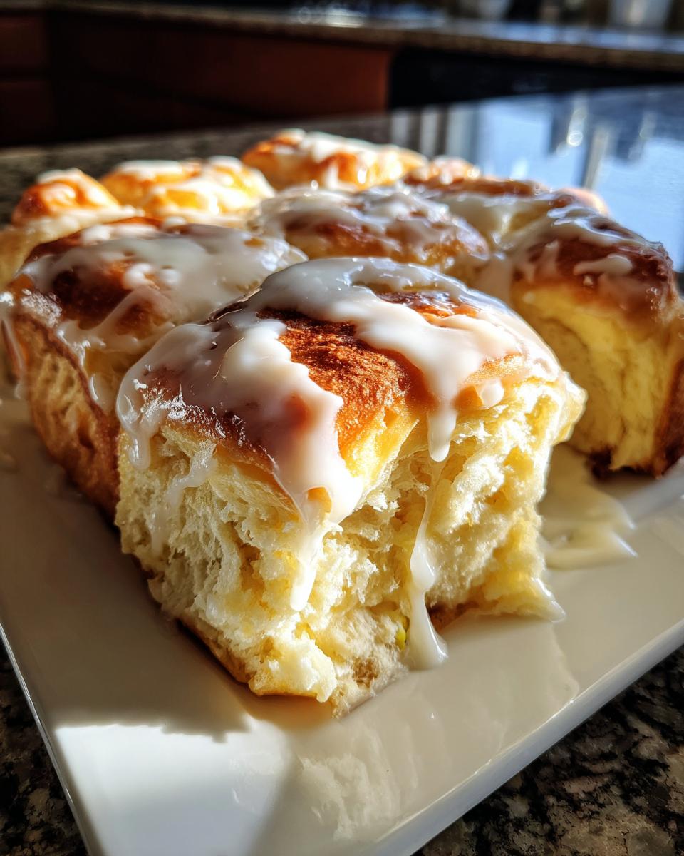 Close-up of fluffy Orange Glazed Sweet Dinner Rolls, one roll pulled apart showing the soft interior and dripping white icing.
