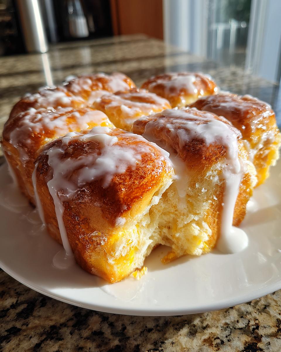 A cluster of freshly baked Orange Glazed Sweet Dinner Rolls topped with thick white icing, one roll pulled apart showing soft interior.