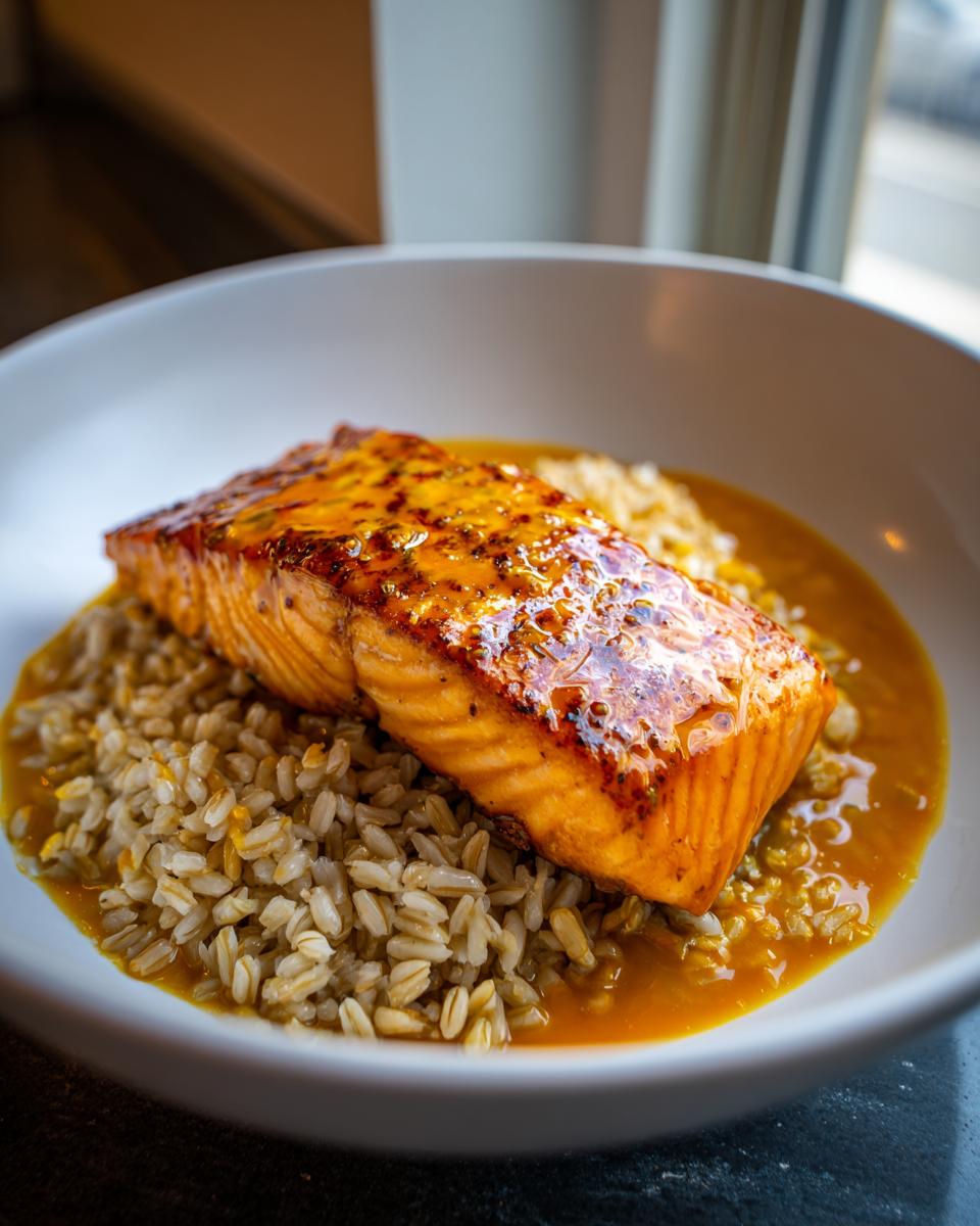 Close-up of a perfectly cooked salmon fillet glazed with orange sauce, resting on a bed of farro in a white bowl.