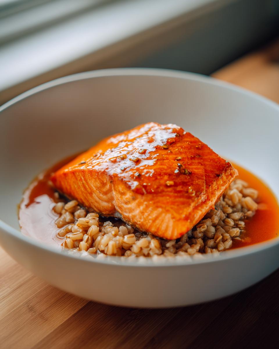 Close-up of a perfectly cooked salmon fillet glazed with orange sauce, resting on a bed of farro in a white bowl.