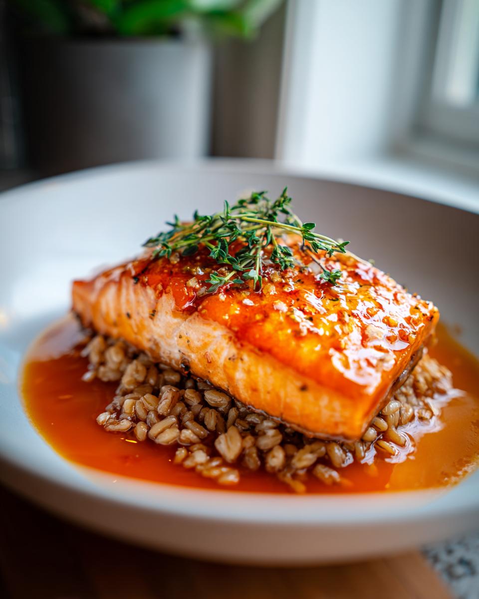 Close-up of a perfectly cooked salmon fillet glazed with orange sauce, resting on a bed of farro in a white bowl.