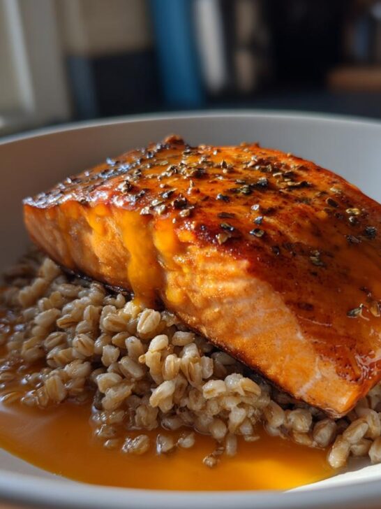 Close-up of a perfectly cooked Orange Salmon Bowl With Farro, featuring a glazed salmon fillet atop a bed of grains.