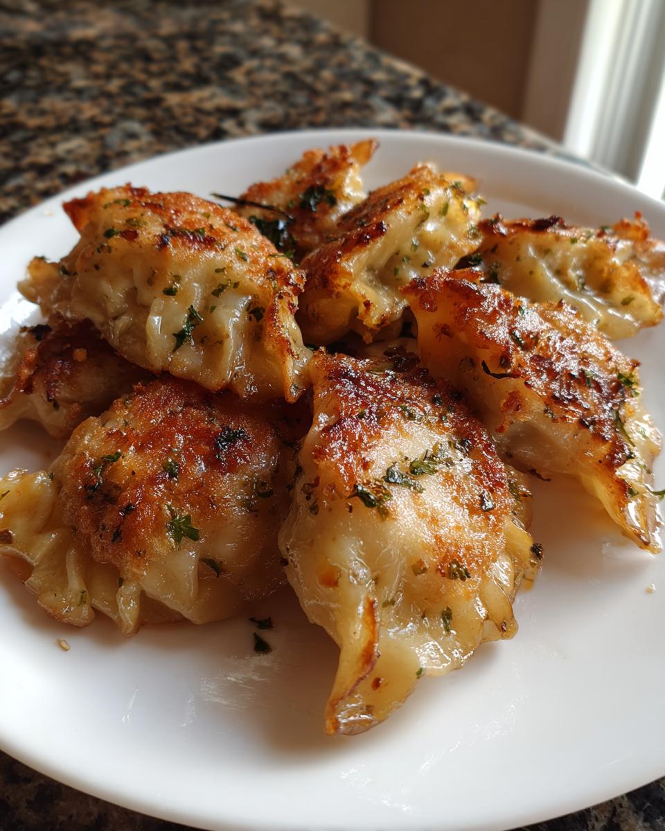 A close-up of several golden-brown, pan-fried Jerk Chicken Dumplings garnished with green herbs on a white plate.