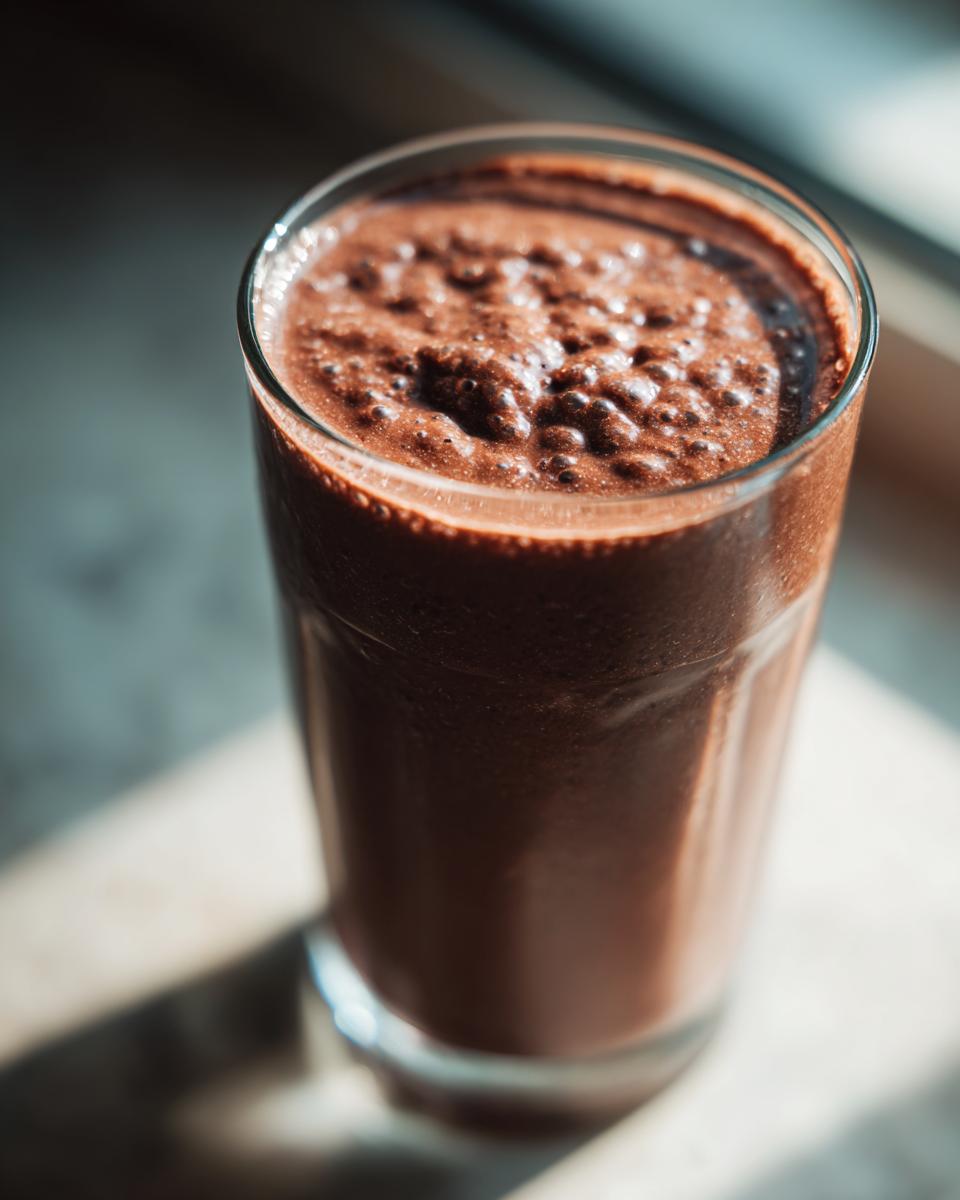 Close-up of a thick, rich brown Peanut Butter Cup Smoothie in a clear glass, illuminated by sunlight.