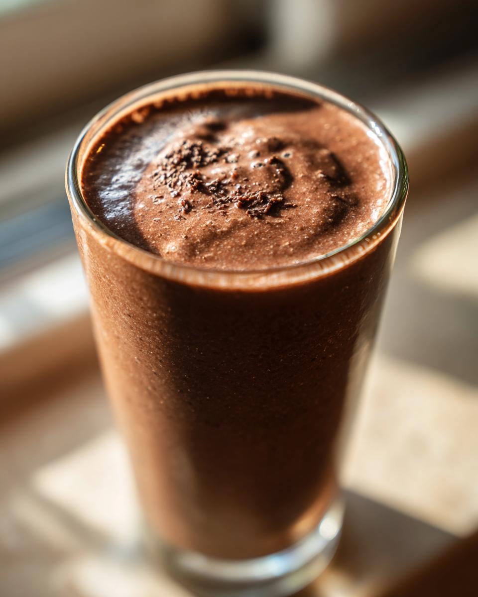 Close-up of a thick, rich brown Peanut Butter Cup Smoothie topped with chocolate shavings.