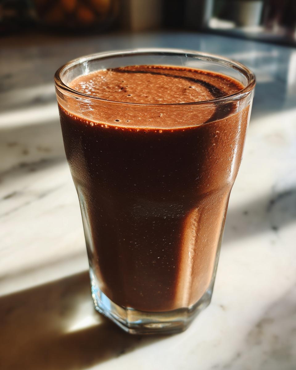 A tall glass filled with a thick, rich brown Peanut Butter Cup Smoothie, sitting on a marble surface.