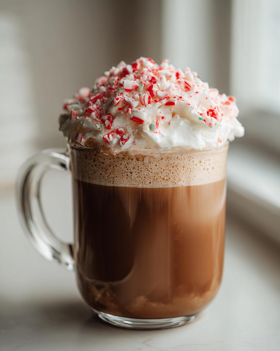 A clear glass mug filled with a rich Peppermint White Chocolate Mocha Latte, topped high with whipped cream and crushed candy canes.