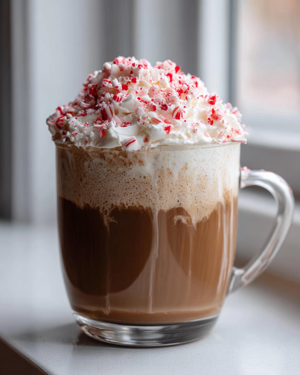 A clear glass mug filled with a creamy Peppermint White Chocolate Mocha Latte, topped high with whipped cream and crushed candy canes.