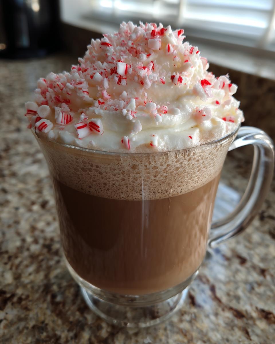 A clear glass mug filled with a Peppermint White Chocolate Mocha Latte, topped high with whipped cream and crushed candy canes.