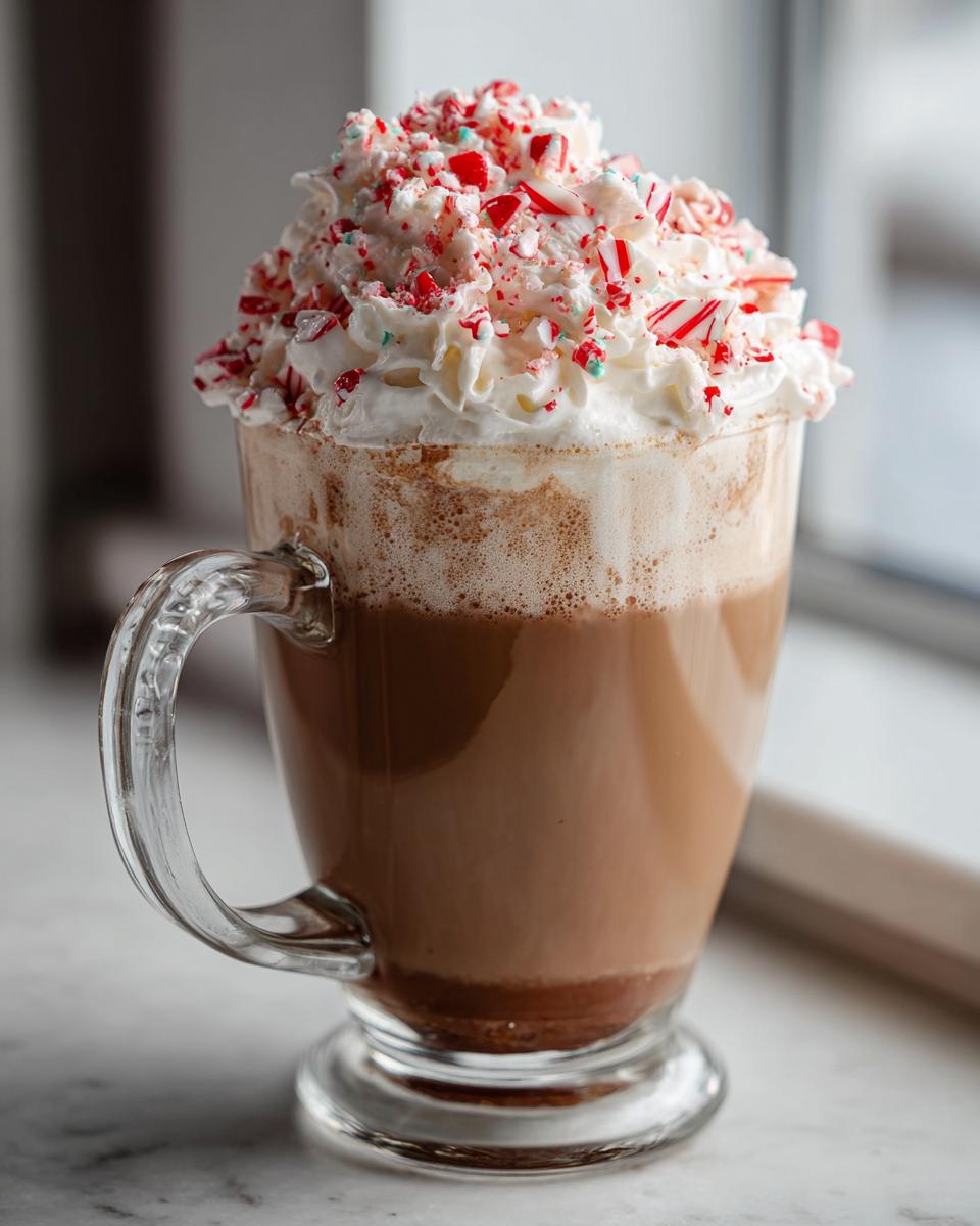 A tall glass mug filled with a Peppermint White Chocolate Mocha Latte, topped high with whipped cream and crushed peppermint candies.