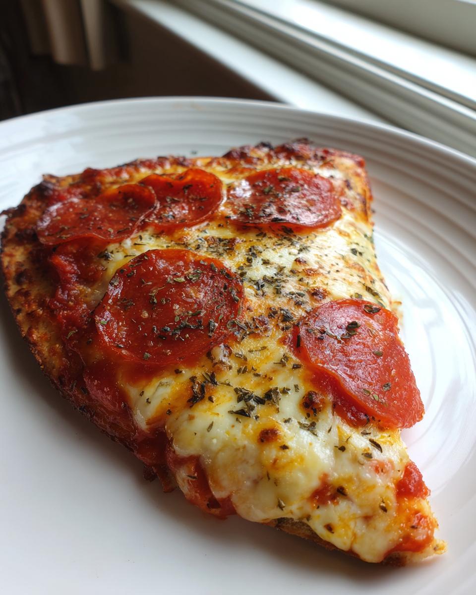Close-up of a cheesy slice of pepperoni flatbread pizza sprinkled with herbs on a white plate.
