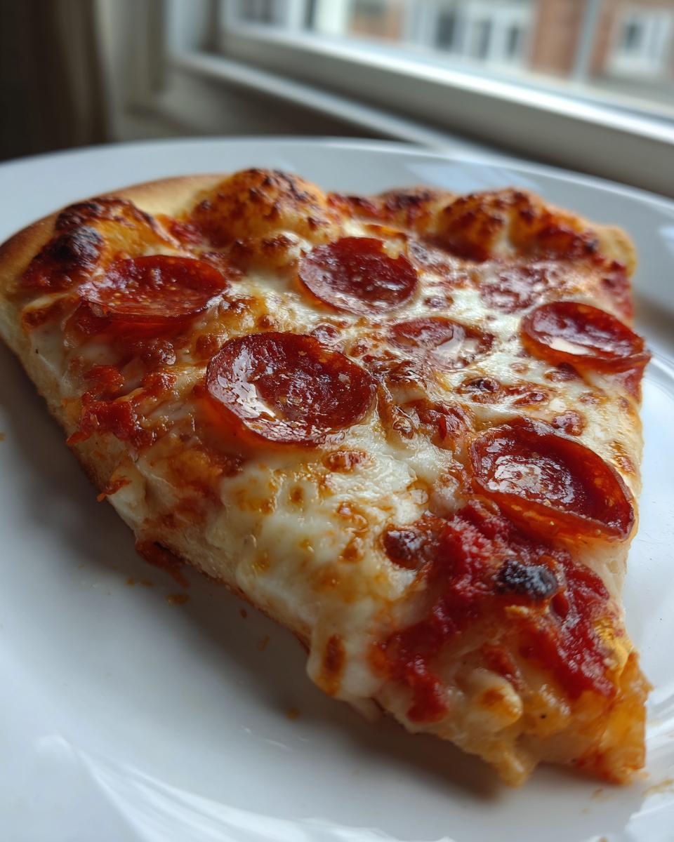 Close-up of a delicious slice of pepperoni Flatbread Pizza with bubbly, melted mozzarella cheese on a white plate.
