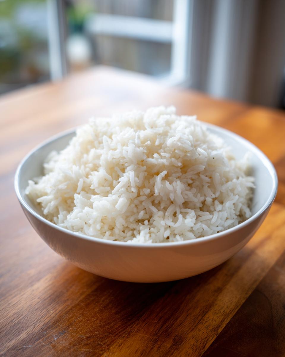 A white bowl filled with perfectly cooked, fluffy Basmati rice sitting on a wooden table.