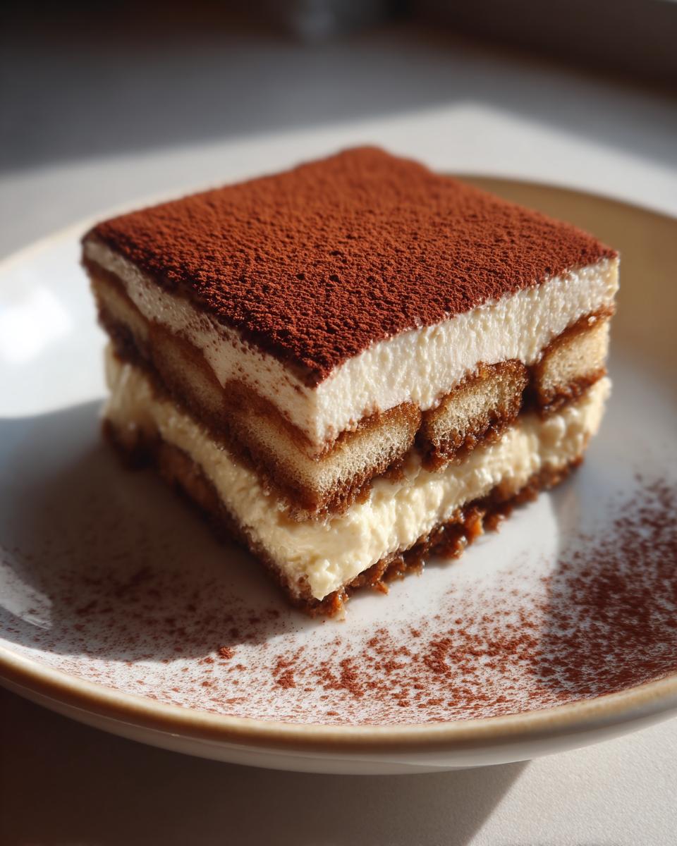 A perfect square slice of Tiramisu dessert showing layers of cream and coffee-soaked ladyfingers, topped with cocoa powder.