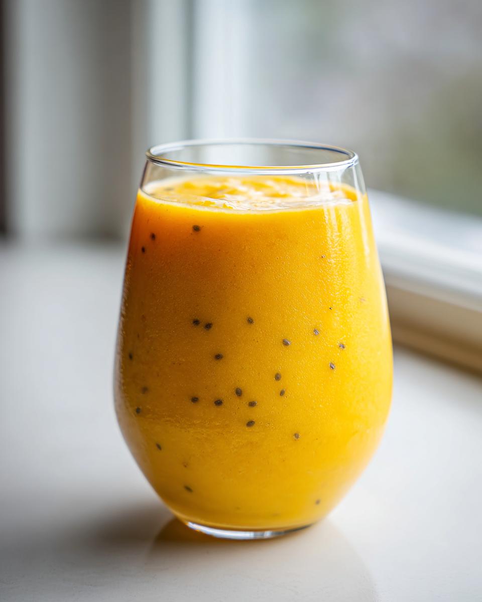A vibrant, thick Pineapple Passion Fruit Smoothie in a clear glass, flecked with dark chia seeds.