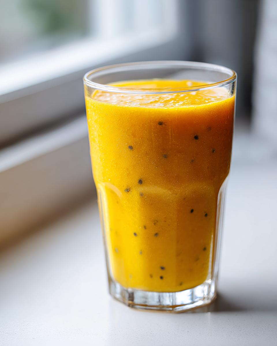 A tall glass filled with a bright orange Pineapple Passion Fruit Smoothie, showing small dark seeds throughout.